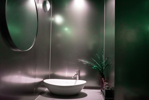 Metallic gray bathroom with a plant