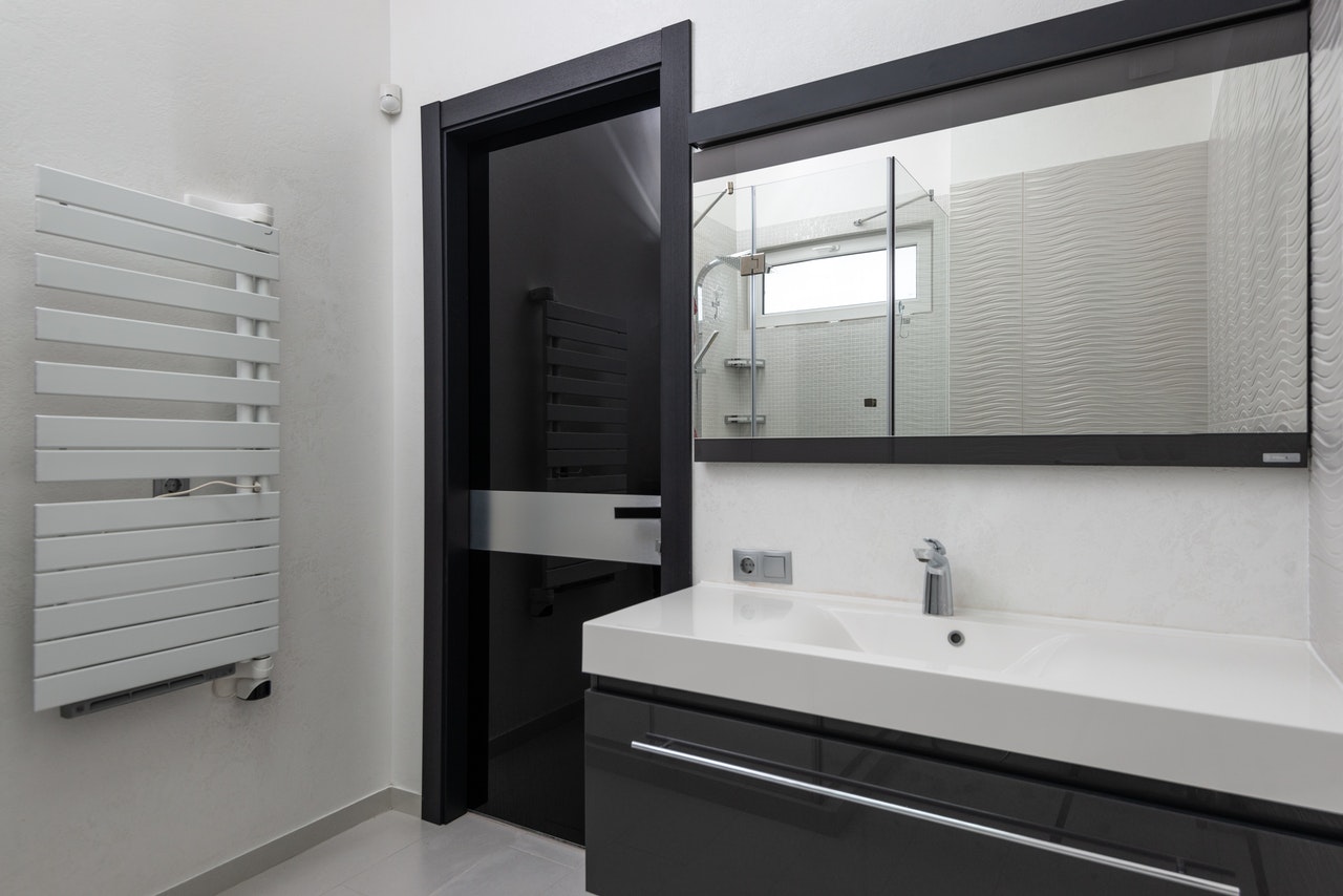 Modern bathroom with black and white interior